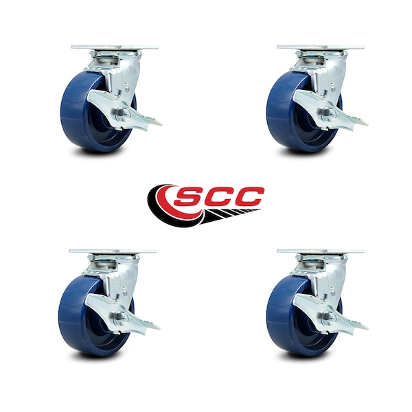 5 Inch Solid Polyurethane Swivel Caster Set With Ball Bearings And Brakes SCC